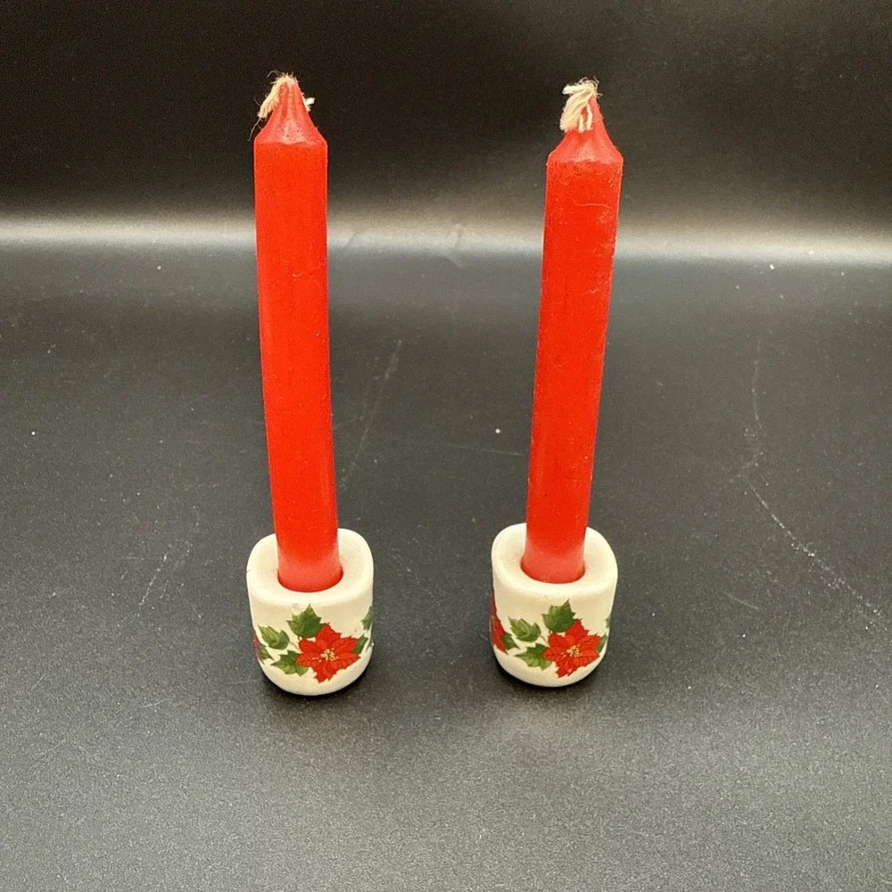 2 Vtg Taper‎ Candle Holders Miniature Poinsettias Funny Design W Germany - Picture 2 of 7